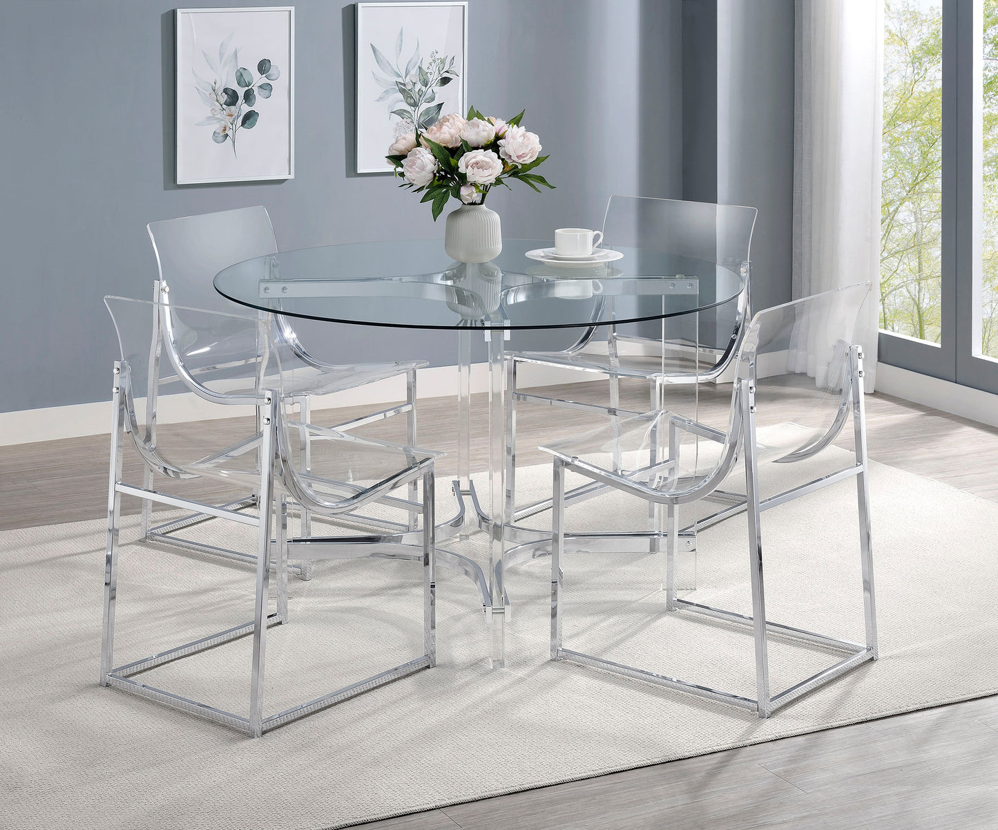 Mesa de comedor redonda de acrílico con tapa de vidrio de 47 pulgadas Keeling, cromada