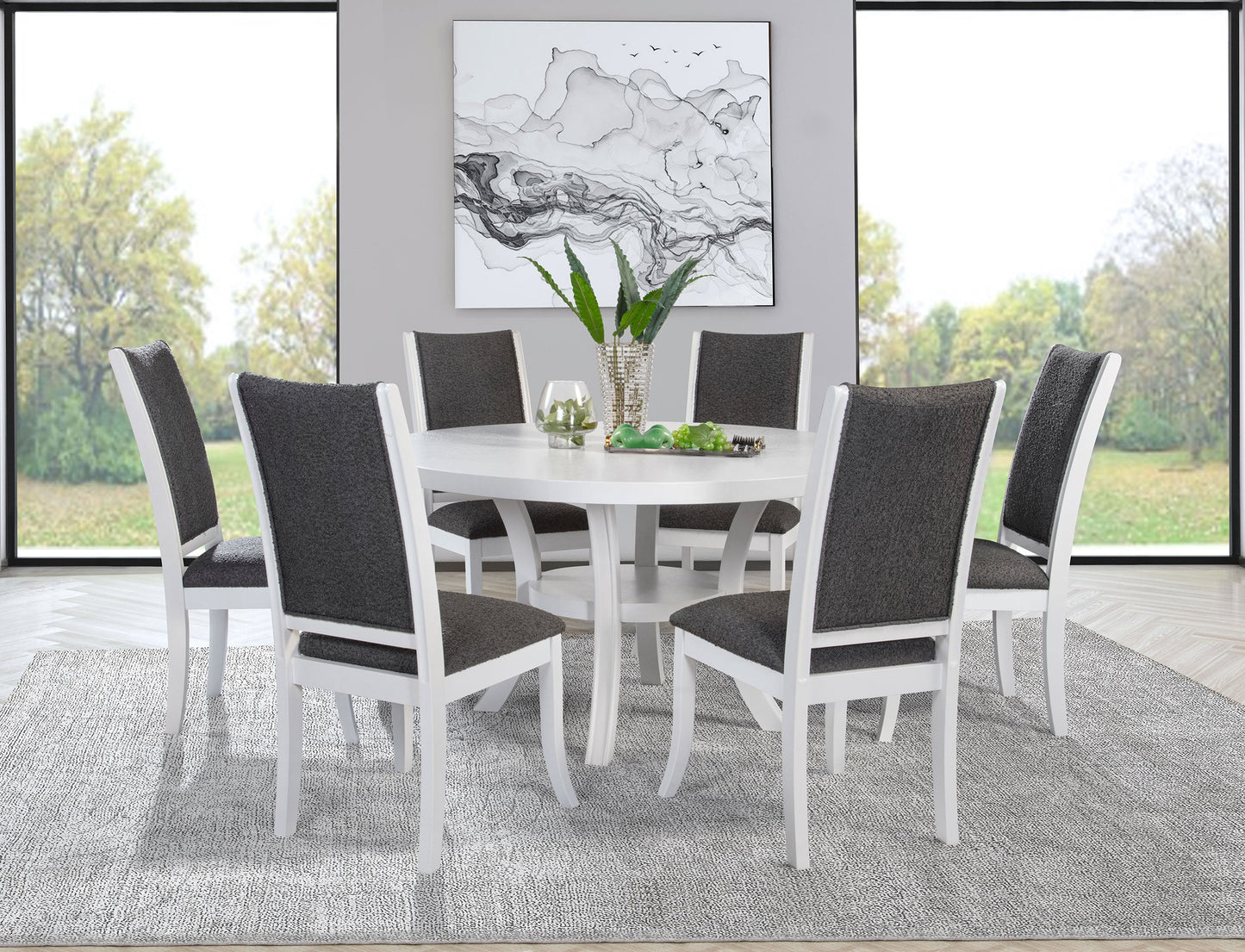 Mesa de comedor redonda de madera Judd de 54 pulgadas con estante en blanco perla