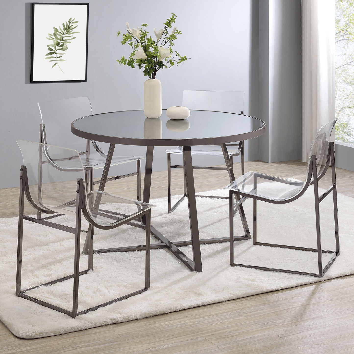 Mesa de comedor redonda Jillian de 45 pulgadas con superficie de espejo en níquel negro