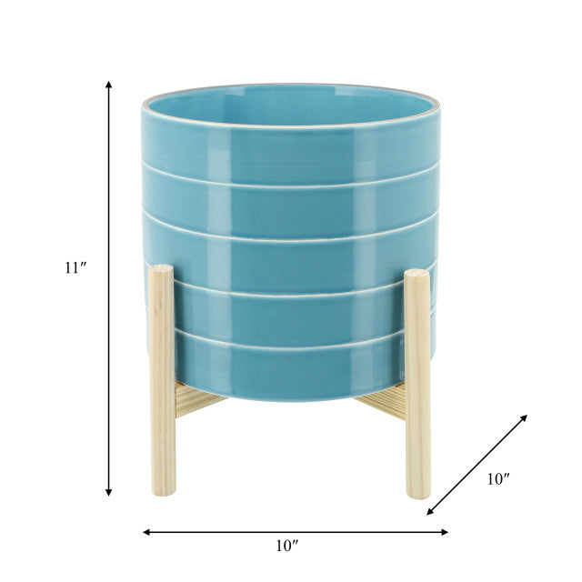 Striped Planter W/ Wood Stand Skyblue