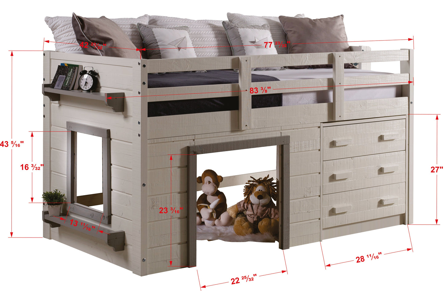 Sweet Dreams Rustic White Low Loft with 3 Drawer Chest