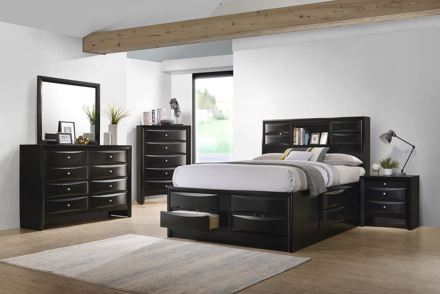 Cama con librería y almacenaje Briana Wood California King, color negro