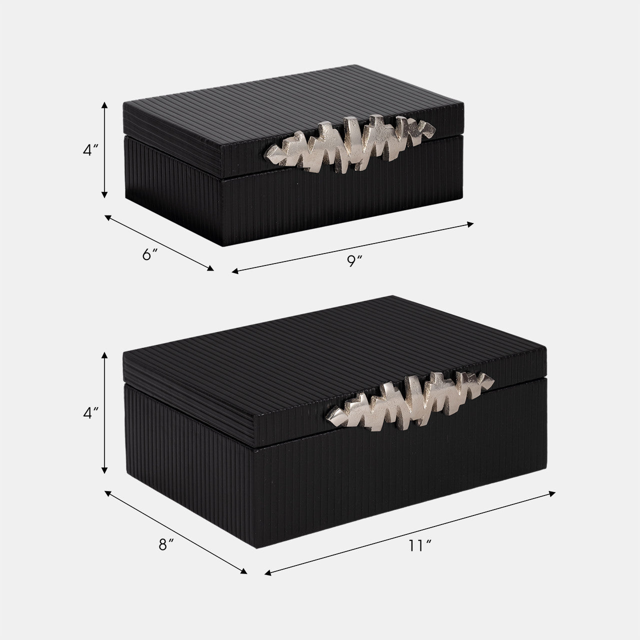 S/2 9/11" Boxes With Lines & Silver Handle, Black