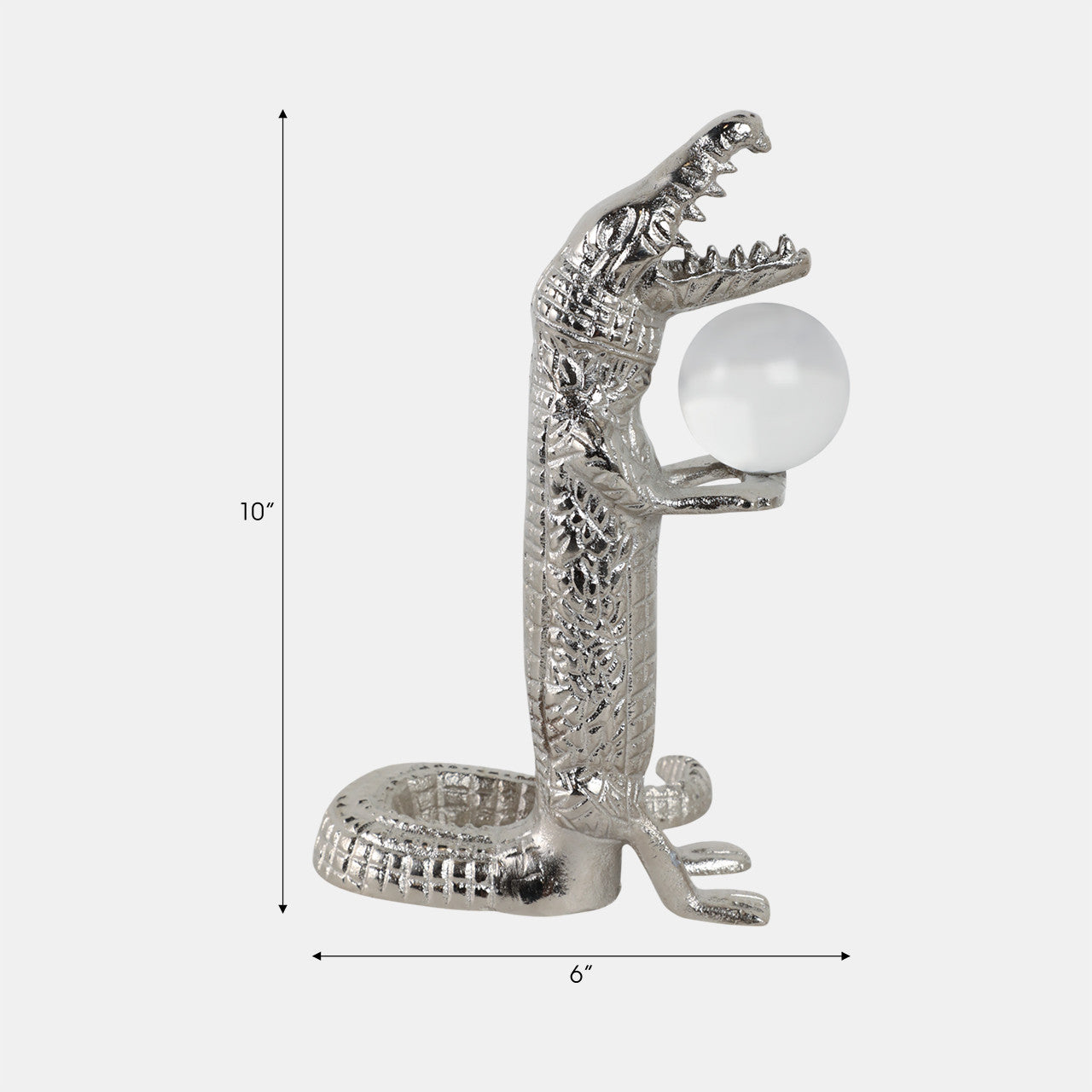 10x7" Crocodile Holding Acrylic Ball, Silver