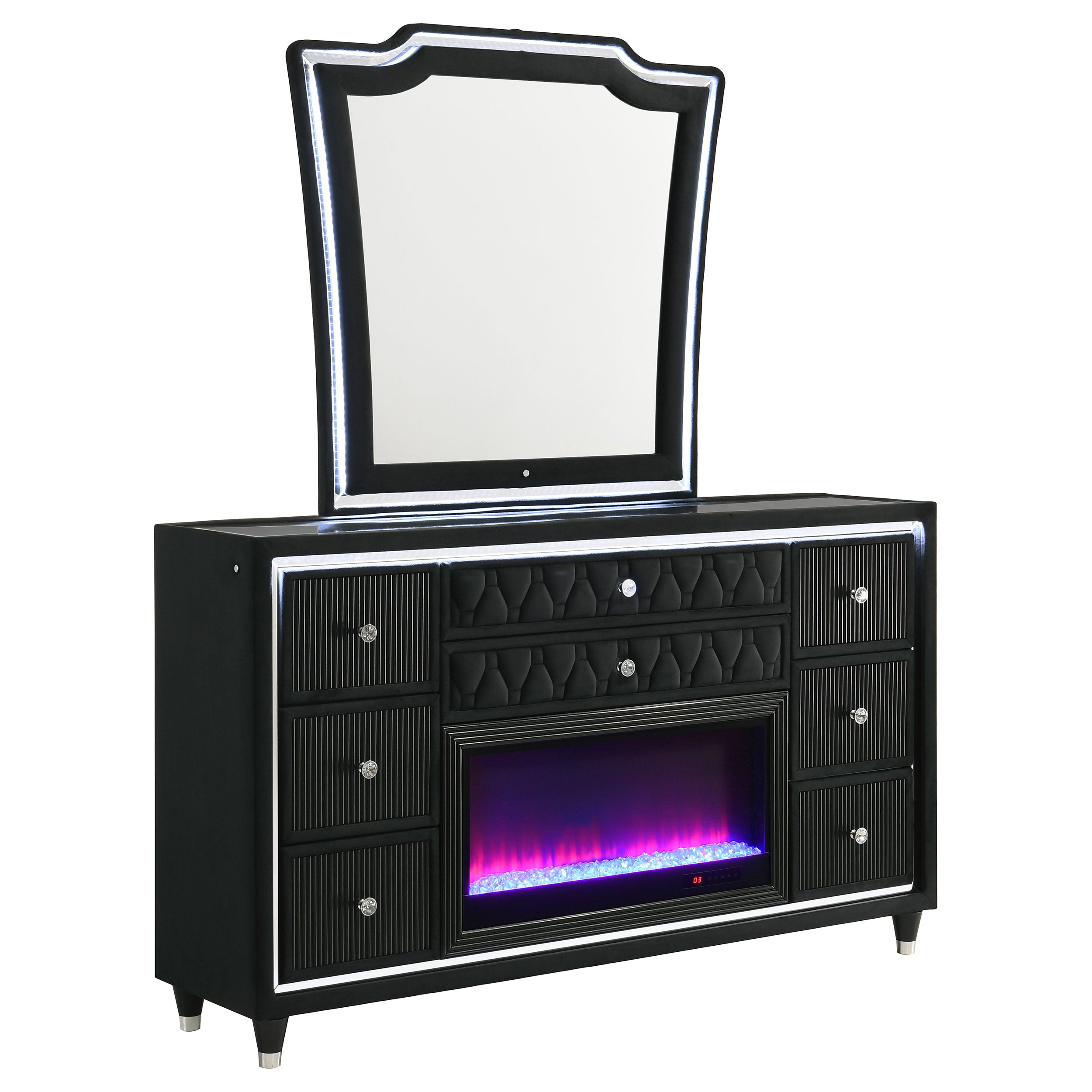 Lorient 8-Drawer LED Flame Box Dresser and Mirror Black