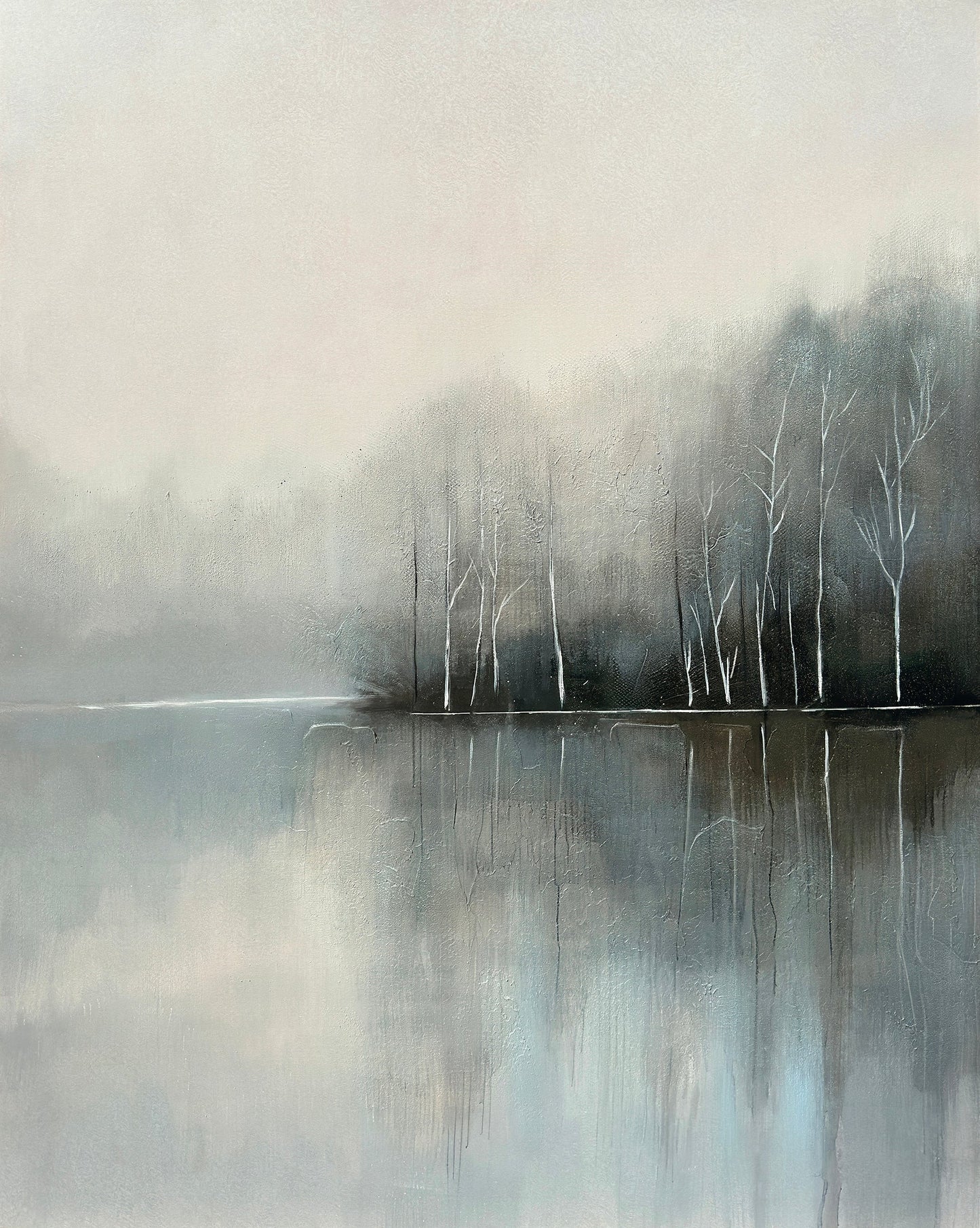 ''Foggy Lake I'' Hand-painted Wrapped Canvas