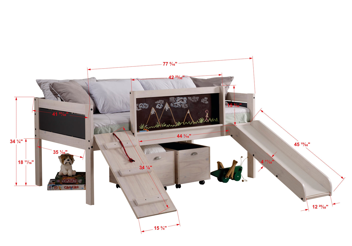 Art & Play Novelty White Wash Junior Low Loft Bed with Toy Boxes