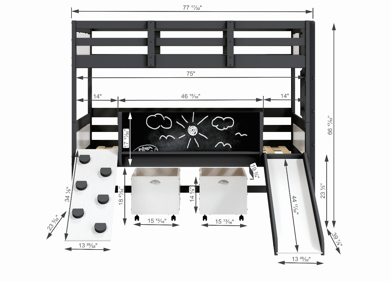 Art & Play Twin over Twin Bunkbed with Two Junior White Toy Boxes