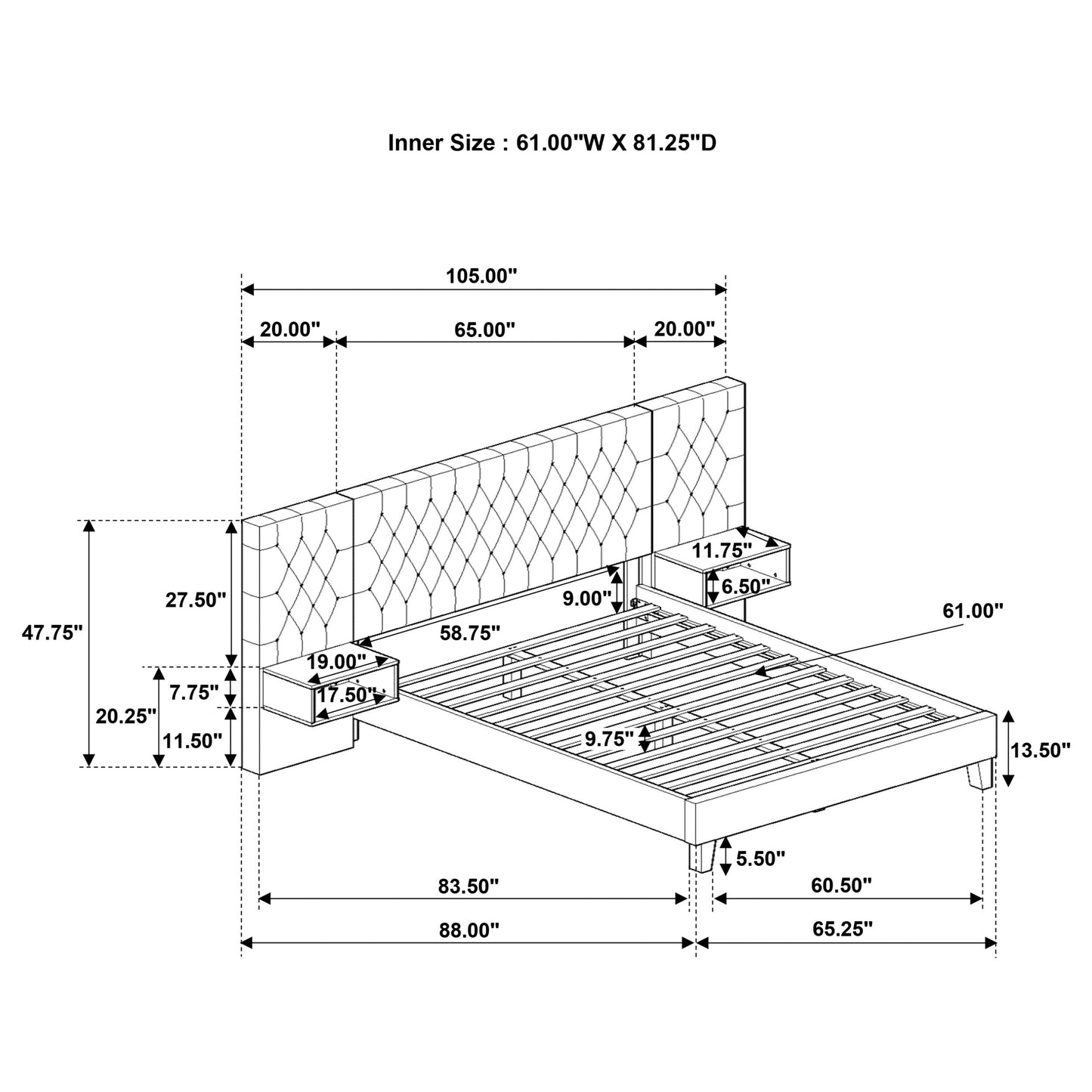 Cama tapizada Marley en marrón claro