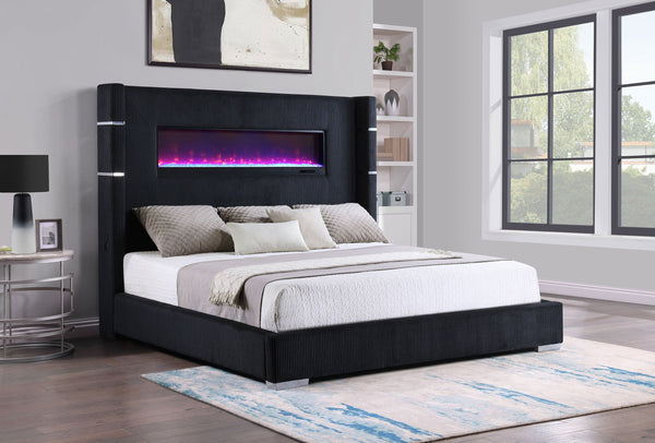 Cama Tisdall tapizada con visualizador de llamas