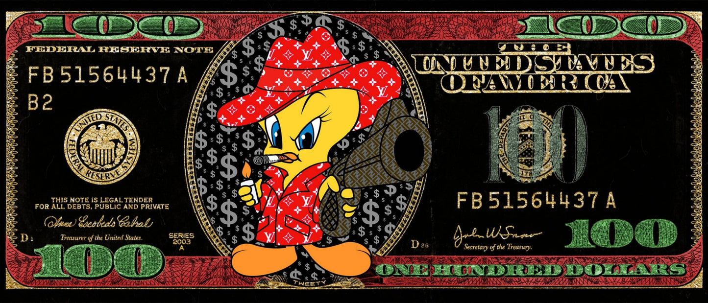 ''Playful Cartoon & Currency Canvas Art'' Hand-painted Gloss Canvas