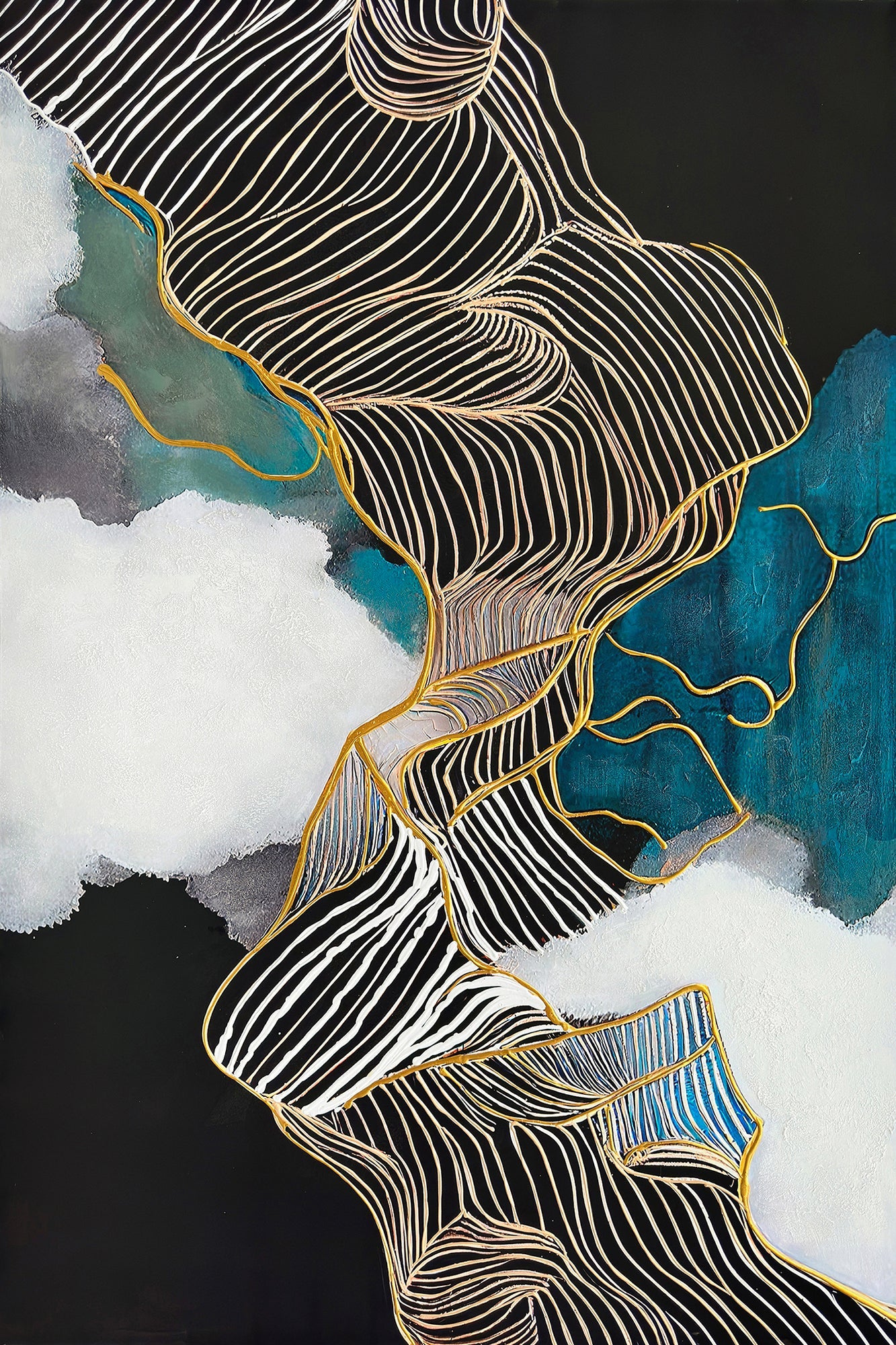 ''Golden Currents Abstract Flow'' Hand-painted Wrapped Canvas