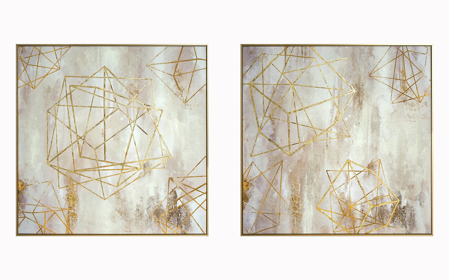 ''Golden Geometric Harmony Duo'' Hand-painted Canvas in Frame (set)
