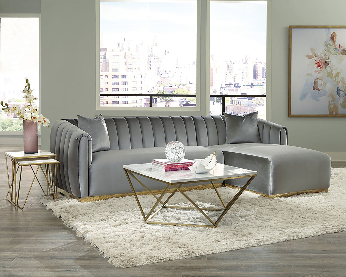 Mesa de centro cuadrada Meryl con superficie de imitación de mármol, blanca y dorada