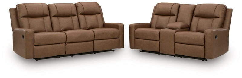 Mackmenville Caramel Reclining Sofa and Reclining Loveseat with Console