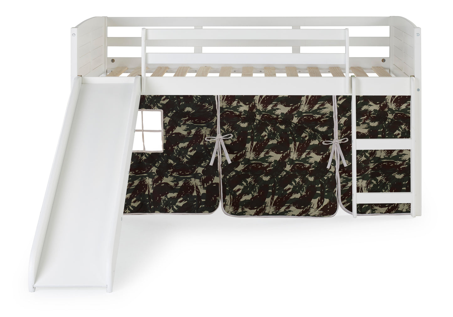 Louver White Low Loft Bed with Slide & Camo Print Tent