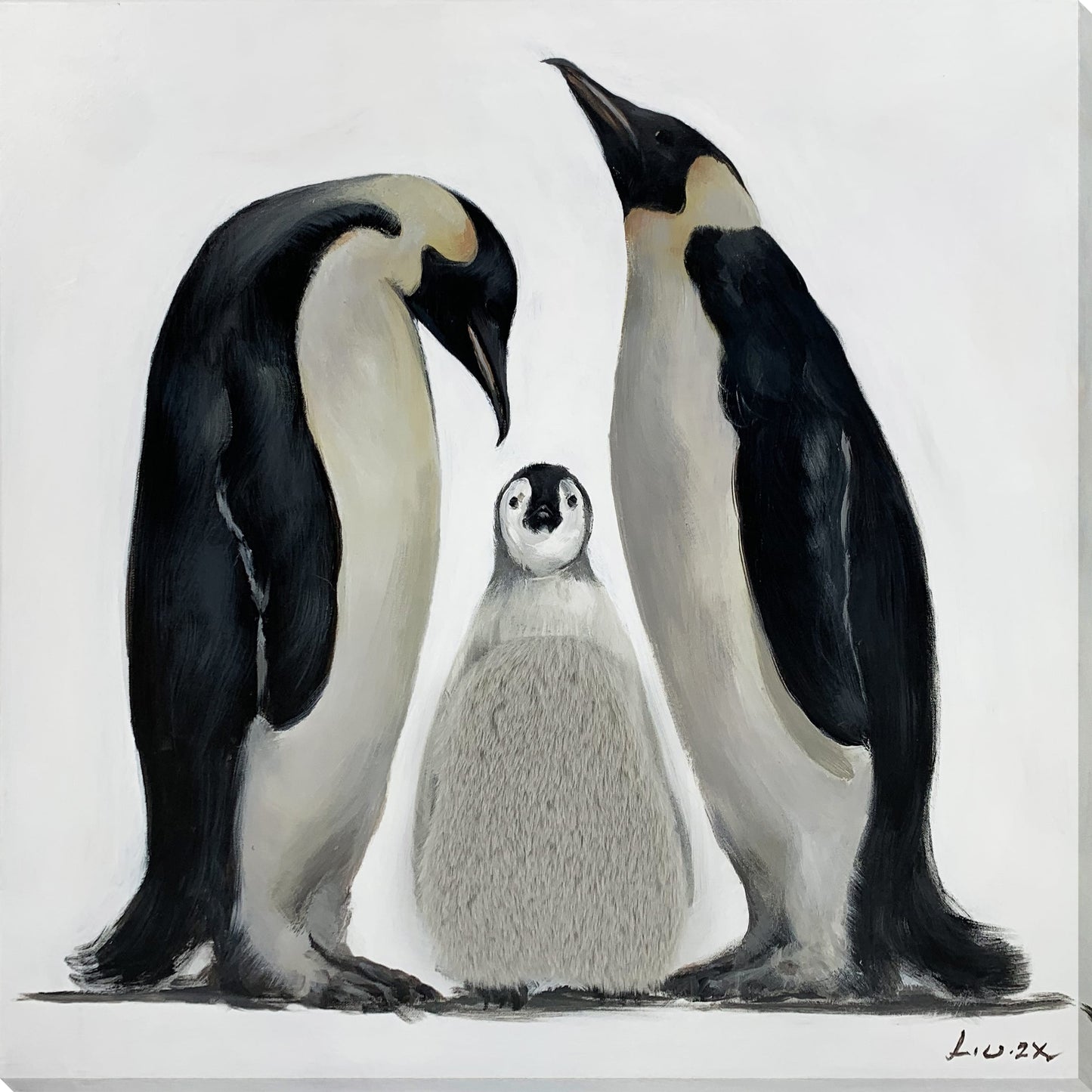 Penguin Family Hand-Embellished Wrapped Canvas w/Fabric