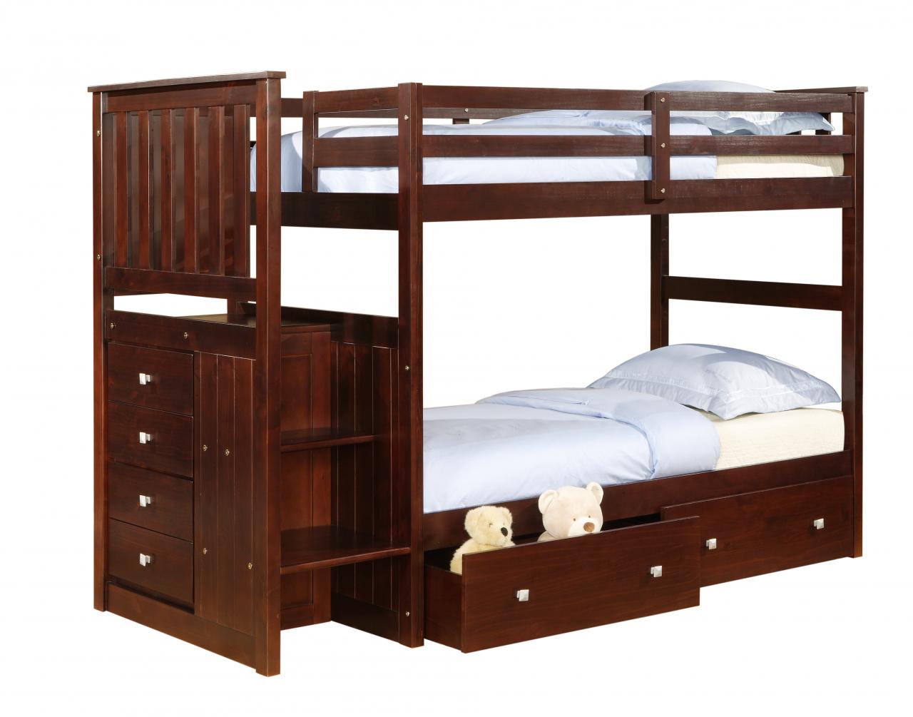 Mariner Mission Twin over Full Cappuccino Exteded Stairway Bunkbed with Dual Underbed Drawers