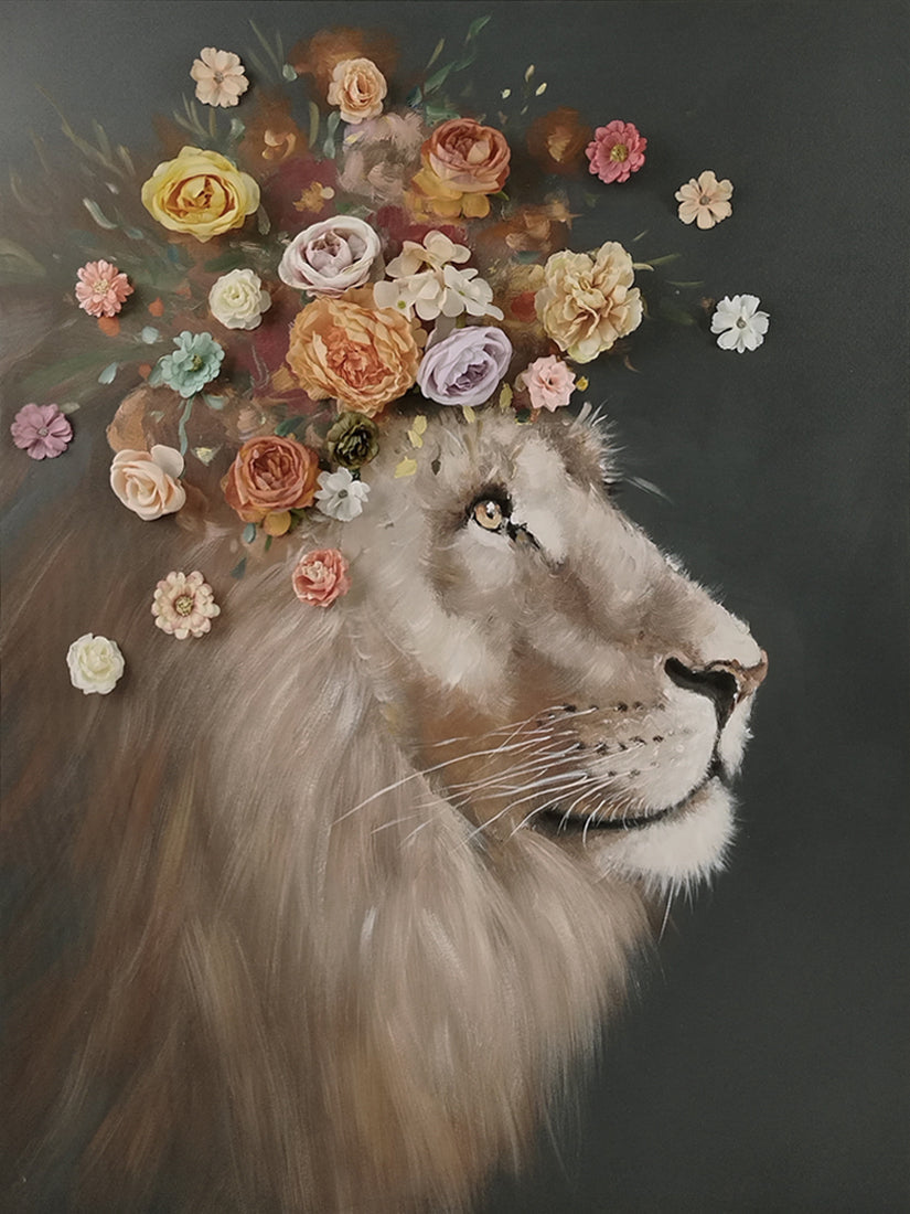 ''Majestic Floral Lion Canvas'' Hand-painted Canvas w/ Flowers