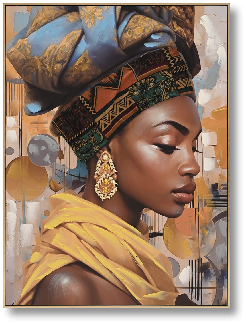 ''Regal African Elegance'' Hand-painted Canvas w/ Fabric in Frame