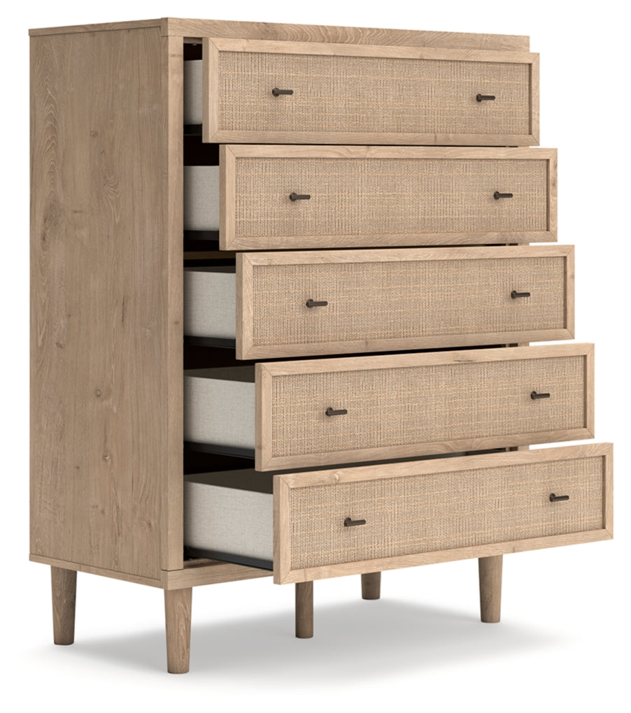 Cielden King Panel Bed with Mirrored Dresser, Chest and Nightstand