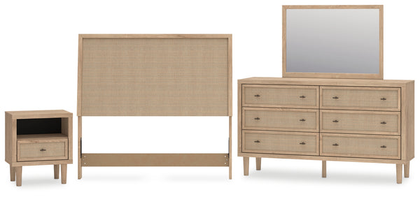 Cielden Full Upholstered Panel Bed with Mirrored Dresser and Nightstand