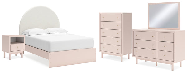 Wistenpine Full Upholstered Panel Bed with Mirrored Dresser, Chest and Nightstand