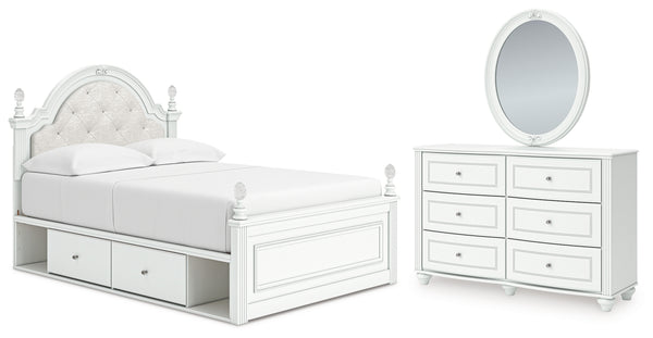 Kozlani Full Upholstered Panel Storage Bed, Dresser and Mirror