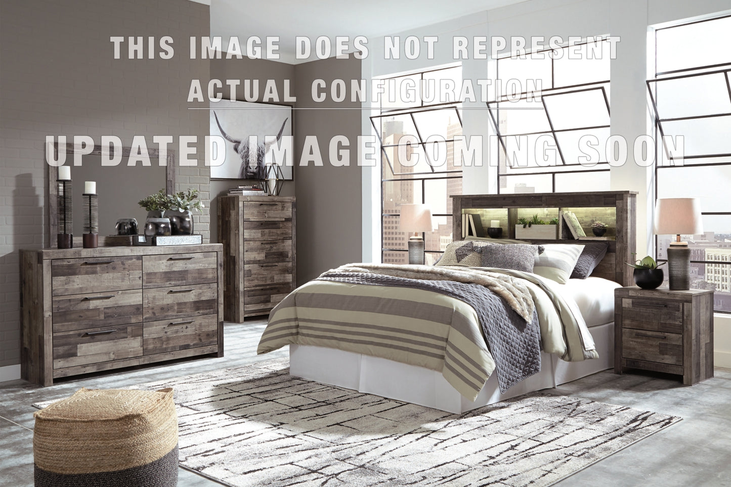 Derekson King Panel Bed with 2 Side Storage, Dresser, Mirror and Nightstand