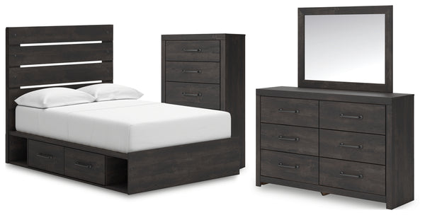 Hollivern Full Panel Bed with Storage, Dresser, Mirror and Chest