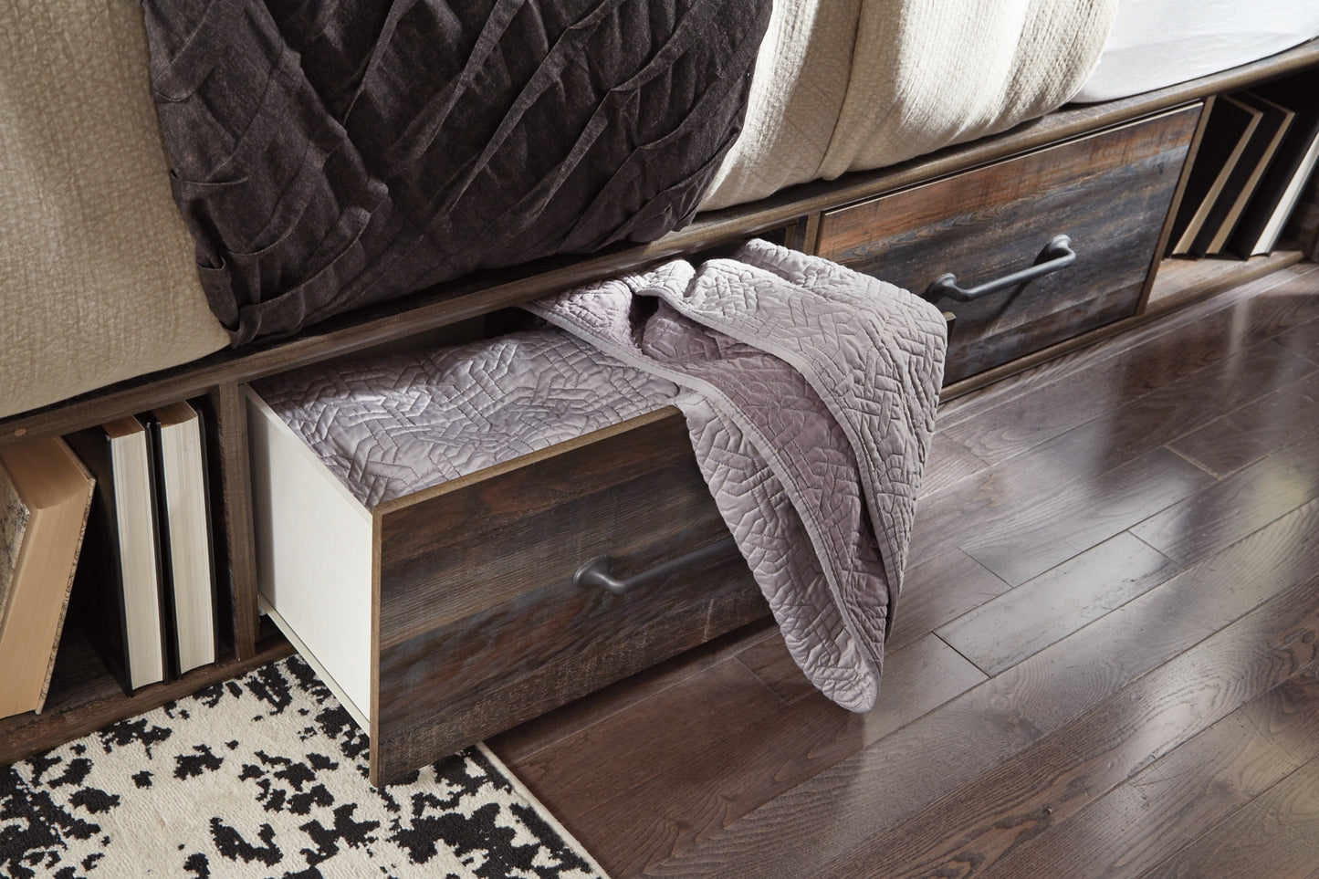 Drystan Queen Panel Bed with 2 Storage Drawers, Dresser, Mirror and Chest