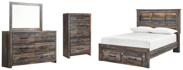 Drystan Full Bookcase Bed with 2 Storage Drawers, Dresser, Mirror and Chest