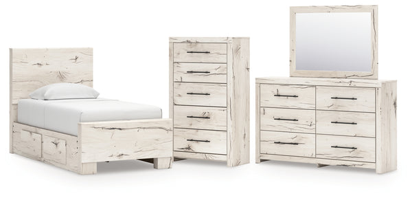Lawroy Twin Panel Bed with Storage, Dresser, Mirror and Chest