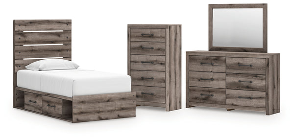 Graystorm Twin Panel Bed with Storage, Dresser, Mirror and Chest