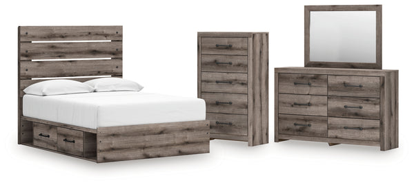 Graystorm Full Panel Bed with Storage, Dresser, Mirror and Chest