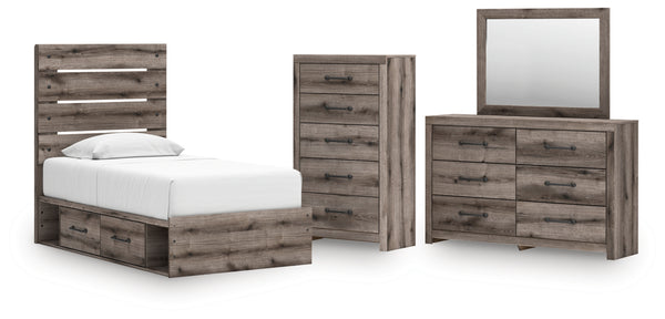 Graystorm Twin Panel Storage Bed, Dresser, Mirror and Chest
