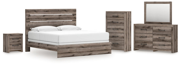 Graystorm King Panel Bed, Dresser, Mirror, Chest and Nightstand