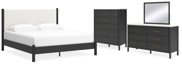 Cadmori King Upholstered Panel Bed, Dresser, Mirror and Chest