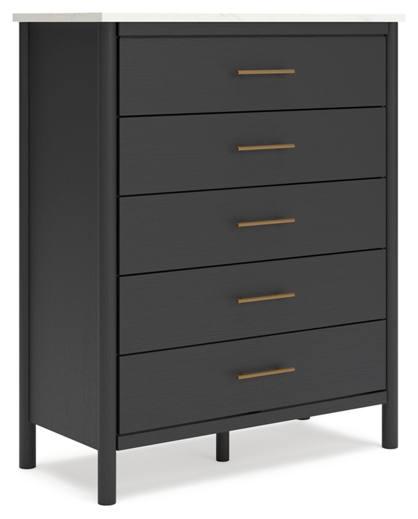 Cadmori King Upholstered Panel Bed, Dresser, Mirror and Chest