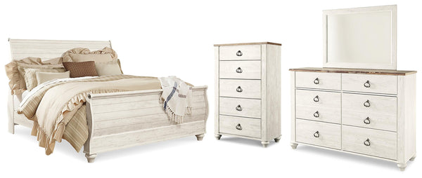 Willowton King Sleigh Bed with Mirrored Dresser and Chest
