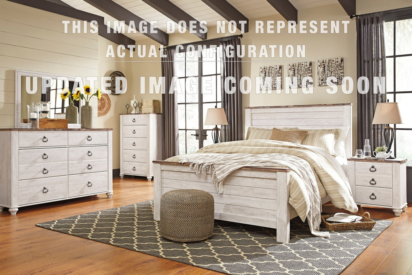 Willowton Full Panel Bed with 2 Storage Drawers, Dresser, Mirror and Nightstand