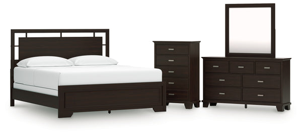 Covetown California King Panel Bed, Dresser, Mirror and Chest