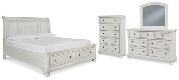 Robbinsdale King Sleigh Bed with Storage with Mirrored Dresser and Chest