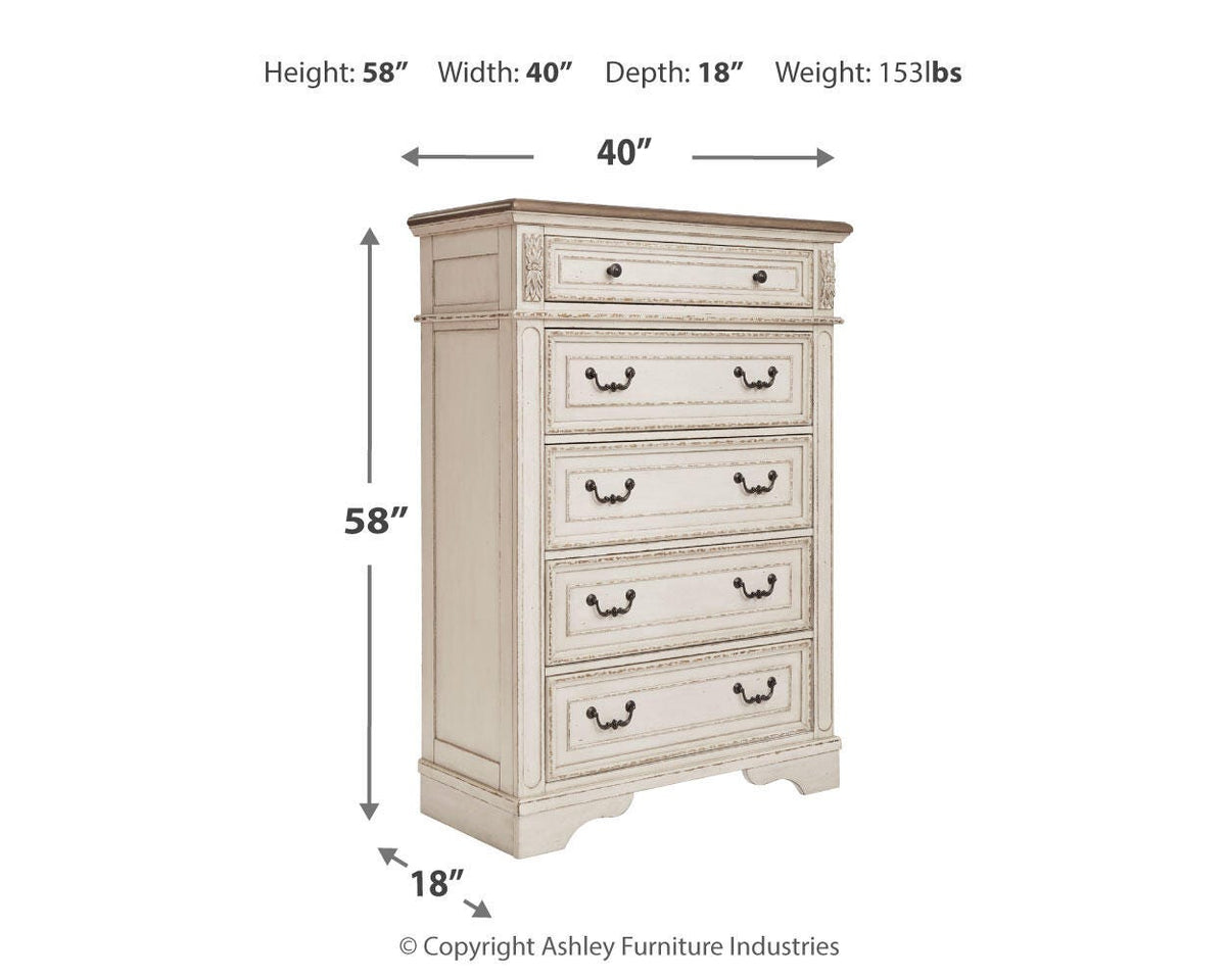 Realyn Queen Upholstered Panel Bed with Mirrored Dresser and Chest
