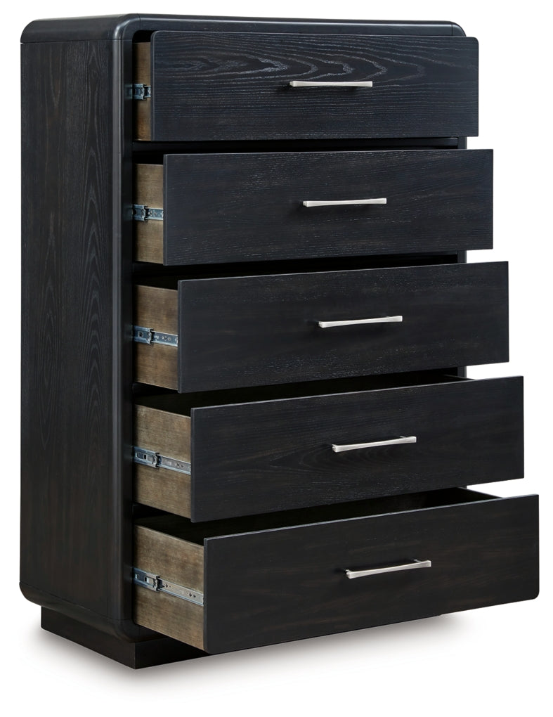 Rowanbeck King Upholstered Panel Bed, Dresser, Mirror and Chest