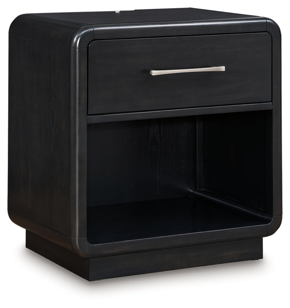 Rowanbeck California King Upholstered Panel Bed, Dresser, Mirror and Nightstand