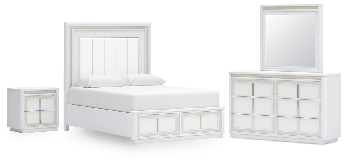 Chalanna Queen Upholstered Storage Bed, Dresser, Mirror and Nightstand