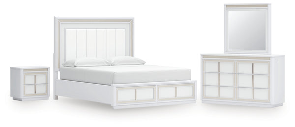 Chalanna California King Upholstered Storage Bed, Dresser, Mirror and Nightstand
