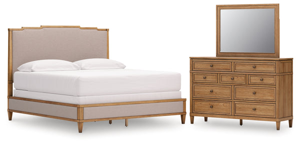 Sharlance King Upholstered Panel Bed, Dresser and Mirror