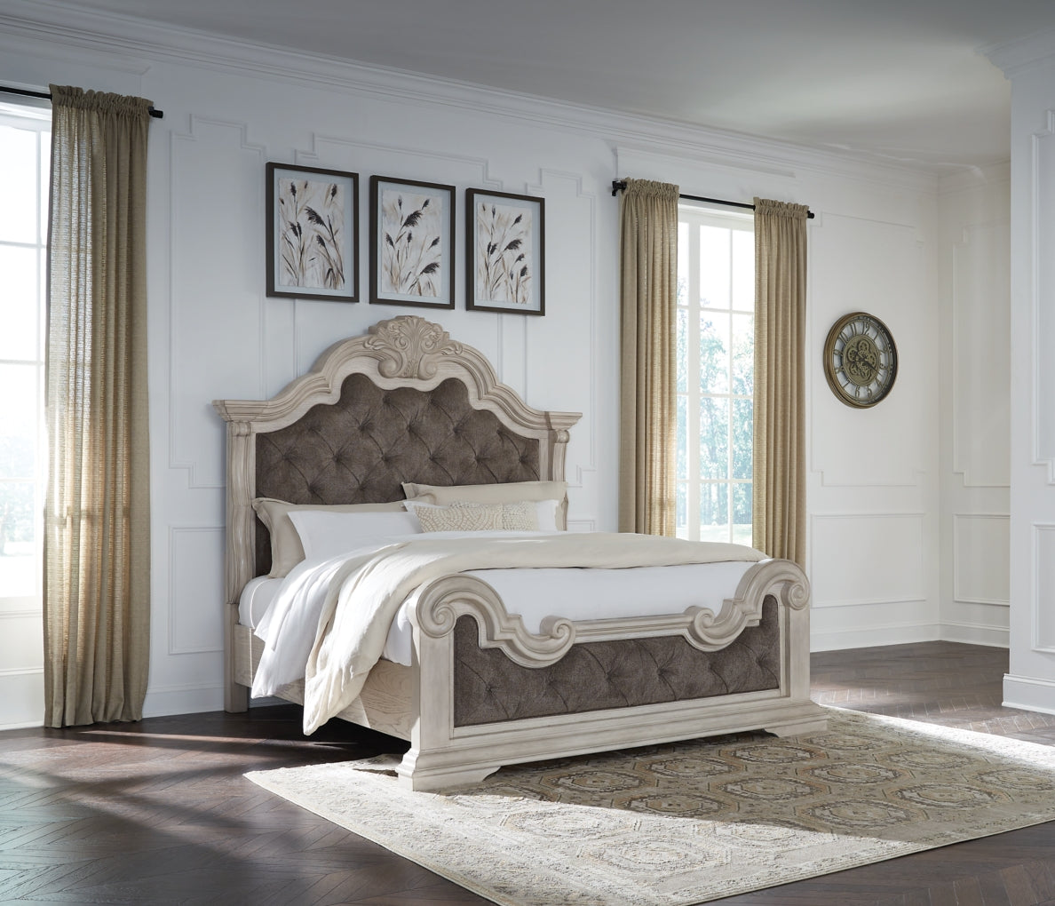 Bruchandi California King Upholstered Panel Bed with Mirrored Dresser